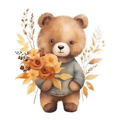 Watercolor teddy bear with a bouquet of autumn flowers.