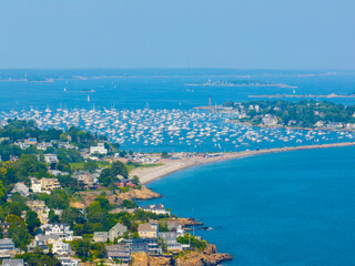 Marblehead Neck and Ocean Avenue aerial view at Marblehead Harbor in town of Marblehead, Massachusetts MA, USA. 