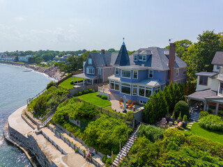 Waterfront houses at Preston Beach aerial view in summer between town of Marblehead and Swampscott in Massachusetts MA, USA. 