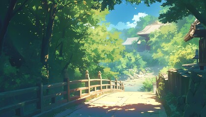 anime style background illustration with fresh greenery and dappled sunlight