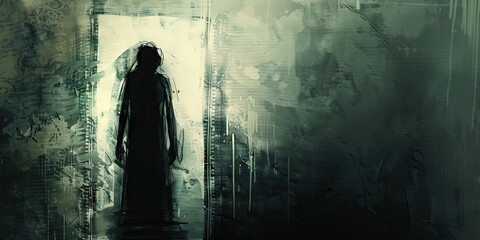 Haunting: The Shadowy Figure and Flickering Light - Visualize a shadowy figure in a dimly lit room, illustrating the haunting presence of a ghost