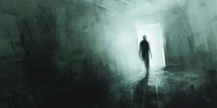 Haunting: The Shadowy Figure and Flickering Light - Visualize a shadowy figure in a dimly lit room, illustrating the haunting presence of a ghost