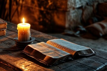 Bible and burning candle on a wooden table. Selective focus.