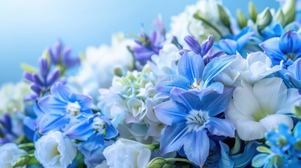 bouquet of beautiful blue and white flowers, postcard, empty background in the middle