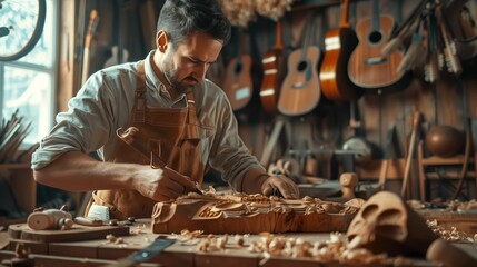 A middleaged male carpenter is carving wood with tools in his workshop, surrounded by various wooden instruments and materials on the workbench. He has dark hair and beard  focused working.