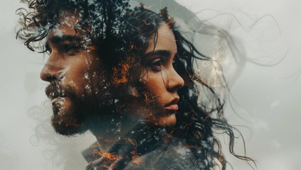 A double exposure of two people, one man and woman with their faces superimposed on each other in an ethereal style. - obrazy, fototapety, plakaty