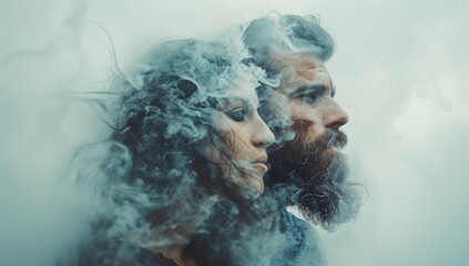 A double exposure of two people, one man and woman with their faces superimposed on each other in an ethereal style.