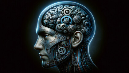 A human with a mechanical robot brain, set against a dark background