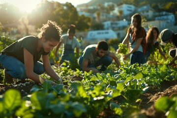 an urban community garden, with diverse young people tending to plants and growing fresh produce under the warm glow of sunlight, focusing on faces