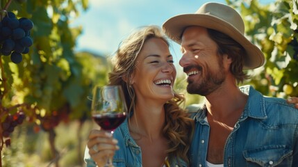 Obraz premium Portrait of happy couple drinking wine in vineyard . Man and woman wearing hat holding glass with red wine, laughing together at sunny day