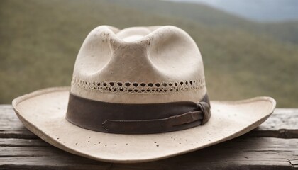 Cowboy hat on a wooden table in the countryside. Selective focus.