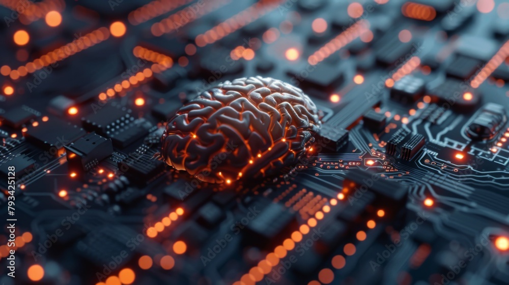 Poster brain model on an electronic circuit board background - a conceptual image of a brain model integrat