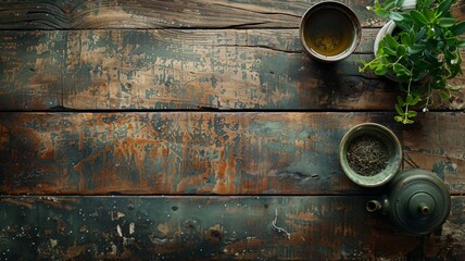Top view of rustic tea setting on worn wooden table - A cozy, rustic tea setting with teapots and cups arranged on a faded, scratched wooden surface
