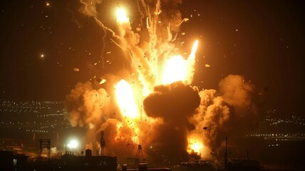 Explosive night launch of military missiles - A dynamic night scene capturing multiple missiles launching simultaneously with vibrant explosive effects offering a powerful visual
