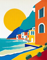 Sea coast illustration, Italian coast, Positano landscape in Italy