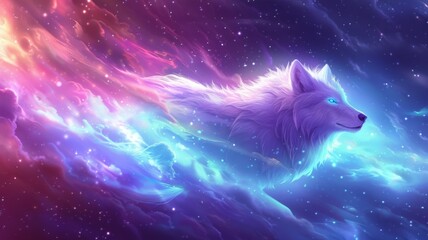 Ethereal wolf profile with starry mane - A mystical wolf profile with a mane that flows into a starry night, radiating magical, cosmic energy - obrazy, fototapety, plakaty
