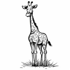 Black and white sketch of a cheerful giraffe in a whimsical style, isolated on white background.