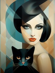 Stylized portrait, black hair color lady and chic black cat, geometric patterns, pastel background