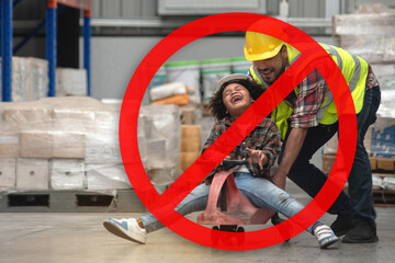 Dangerous, don't play in warehouses, prohibition sign superimposed  over the image of African child...