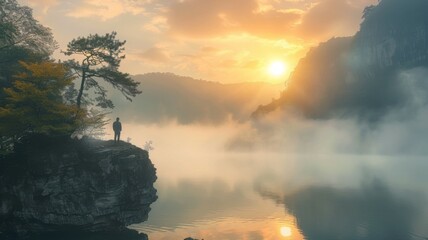 Serene sunrise over a misty river and forest - A tranquil morning scene with a lone figure standing on a cliff overlooking a misty river, with lush greenery and a soft sunrise