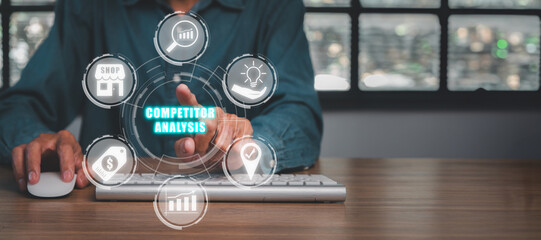 Competitor analysis concept, Businessman using computer and hand touching analysis, market, pricing, competitor, location and opportunities icon on virtual screen.