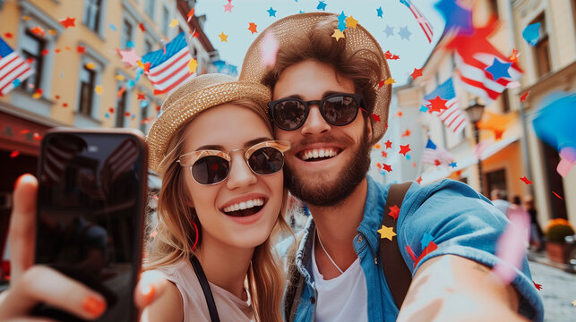 Young couple in love taking a selfie con smartphone celebrating Independence Day with American flags colors