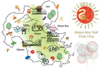大分県の観光地のイラストマップ年賀状2025年