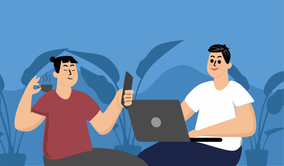 two people discussing and working happily