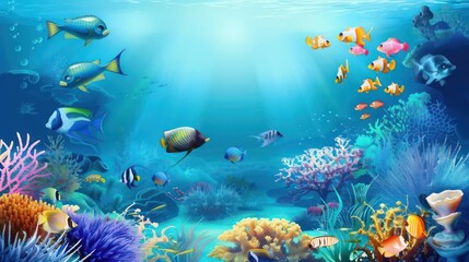 Beautiful underwater view with fish and coral and sunlight