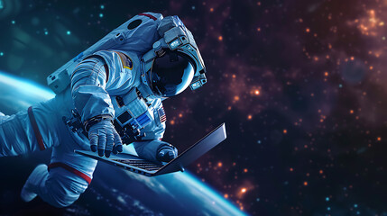 an astronaut flying in the galaxy and bring a laptop