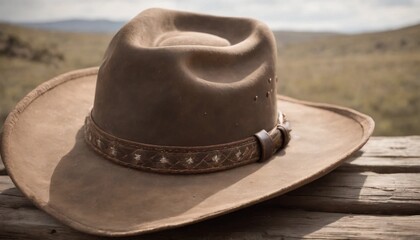 Cowboy hat on a wooden table in the countryside. Selective focus.