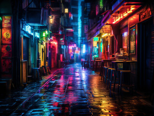 Naklejka premium A neon lit city street with a neon sign for a restaurant