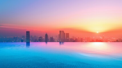 Vibrant sunset over cityscape and pool - This breathtaking image captures a dazzling sunset with intense colors reflected over a serene cityscape and pool
