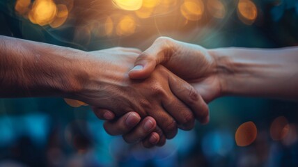 Handshake with bokeh background - A warm handshake captured with a bokeh effect in the background symbolizes partnership and trust - obrazy, fototapety, plakaty