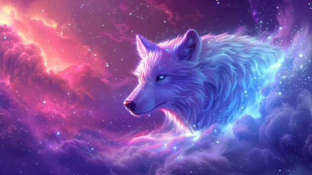 Majestic cosmic wolf head in purple clouds - An enchanting image of a wolf's head composed of stars and nebula set against a mystical purple galactic backdrop