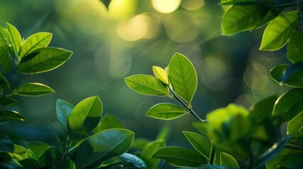 Vibrant green leaves in sunlight - Close-up of fresh green leaves bathed in golden sunlight, highlighting natural beauty