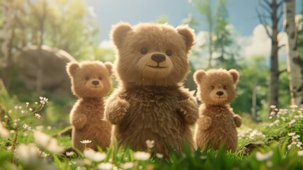 Fototapeta premium Three teddy bears in a sunlit forest clearing - Delightful scene of three teddy bears playfully posed in a lush, sunlit forest clearing, evoking joy and nostalgia