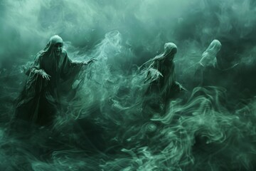 Mystical ghost shrouded in green mist - Ethereal scene with cloaked figures emerging from a dense, green fog, creating a mysterious and otherworldly atmosphere - obrazy, fototapety, plakaty