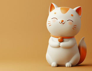 A cute 3D cat, white and orange, sitting and smiling on yellow wallpaper