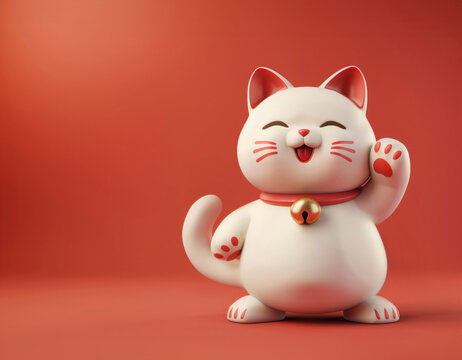 A 3D Maneki Neko, or lucky cat figurine, traditionally believed to bring good fortune, waves happily on a vibrant red background.