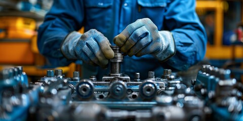 Mechanic tightening bolt on machine part - Skilled worker in gloves manually adjusting a bolt on complex industrial machinery