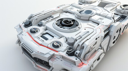 create a futuristic walkman combine with type R structure on white background