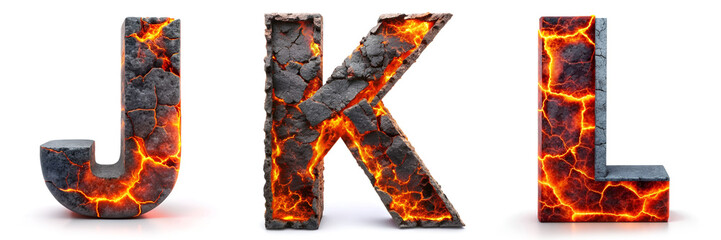 Letters J, K, L. Volcanic Lava Alphabet: Realistic Effect for Projects