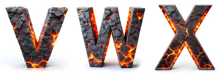 Letters V, W, X. Volcanic Lava Alphabet: Realistic Effect for Projects