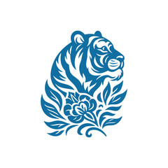 Blue and White Illustration of Tiger with Flower