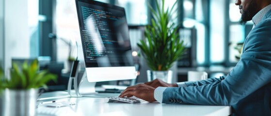 A man in professional attire working on a desktop with code on the screen representing coding skills