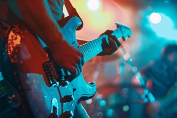 Fototapeta premium Sharp focus on a guitarist's hands expertly strumming the strings of a blue electric guitar, with stage lights in the background