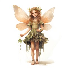Fairy in green dress with a wreath on her head. 3d rendering