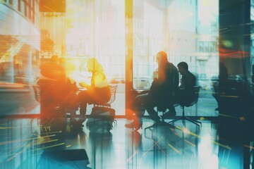 Blurred silhouettes of a corporate team in a modern office setting with strong sunlight and digital data overlay represent work dynamics and teamwork