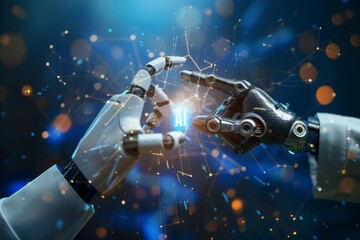 Fototapeta premium An artistic representation of human and robot hands almost touching with an AI symbol, symbolizing the synergy between humanity and technology